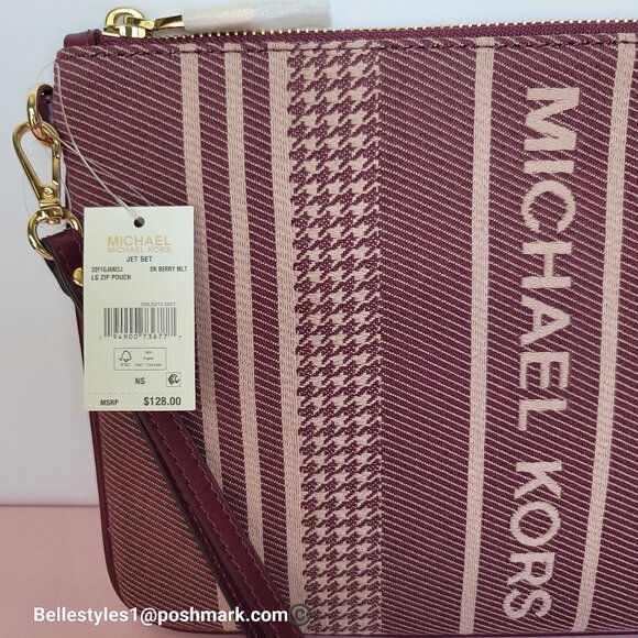 MICHAEL KORS Jet Set Signature Jacquard Large Zip Pouch Wristlet- Dark Berry ⭐ - Picture 15 of 16